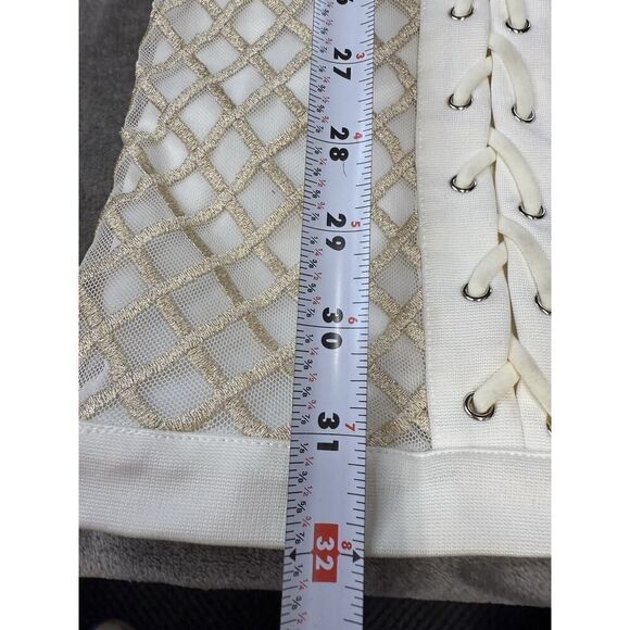 BEBE IVORY METALLIC EMBROIDERED MESH LACE UP DRESS KNEE LENGTH sz 8 - Picture 13 of 16